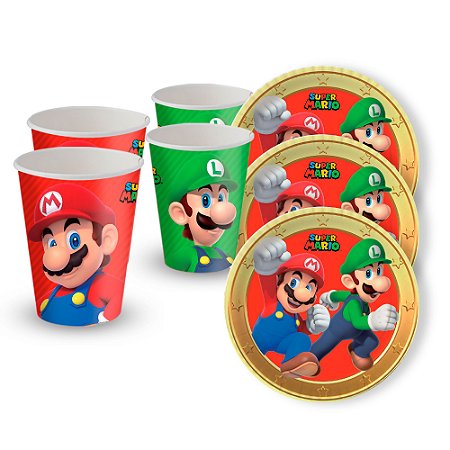 KIt Festa Super Mario Decoração aniver 16 pçs Copos + Pratos