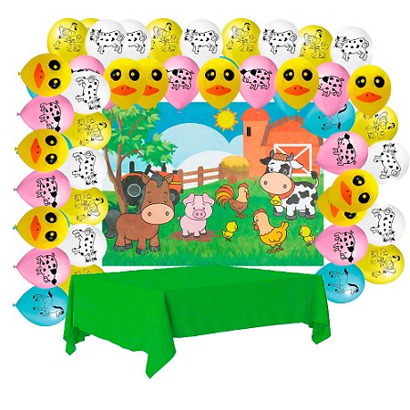 Kit Festa Fazendinha Decoração Aniver Toalha + Painel +Balão