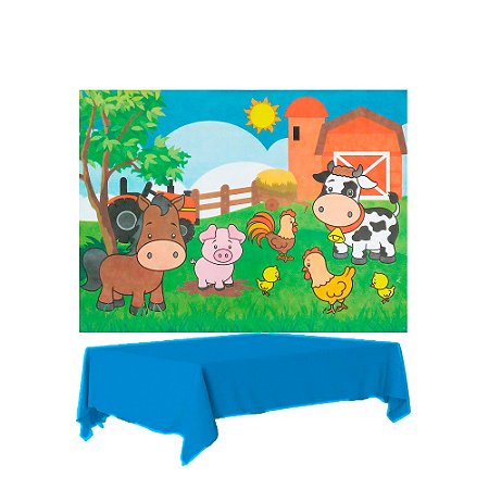 Kit Festa Fazendinha Decoração Anive Toalha Azul+ Painel TNT