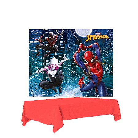 Kit Festa Homem Aranha Deco Painel Plástico+ Toalha Vermelha