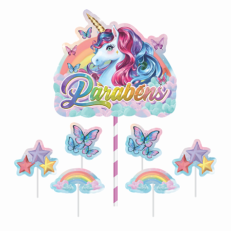Topo de bolo Decoração Unicórnio kit 7 pçs Festa Aniversário