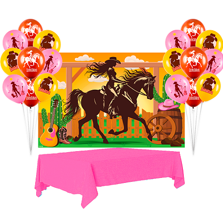 Kit festa Boiadeira Decoração Painel+ Toalha Rosa+ 25 Balão