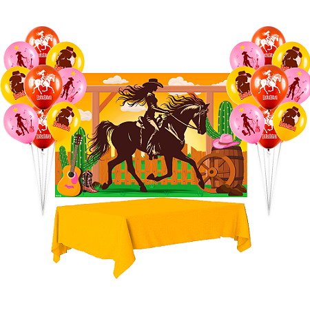 Kit festa Boiadeira Decoração Painel+Toalha Amarela+25 Balão