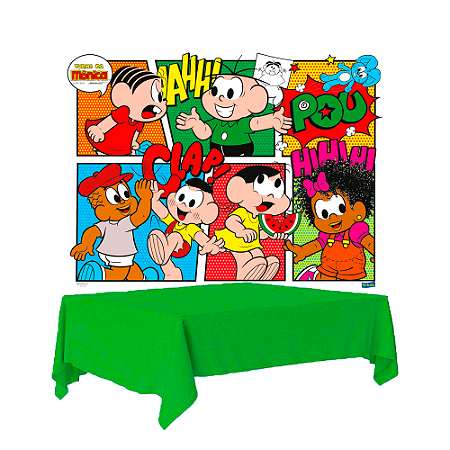 Kit festa Turma da monica Decoração Painel + Toalha Verde