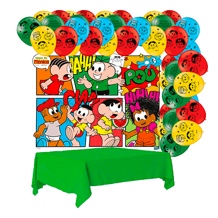 Kit festa Turma da monica Decora Painel+ Toalha Verde+ Balão