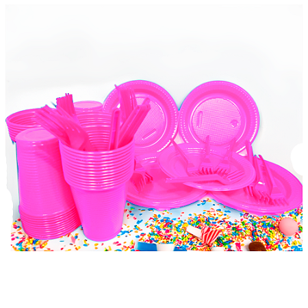 Kit Descartáveis Rosa Econom 50 Pessoas Pratos Copos Garfos