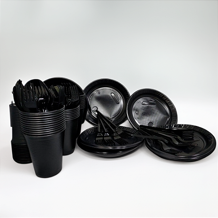 Kit Descartáveis Preto Econom 50 Pessoas Pratos Copos Garfos