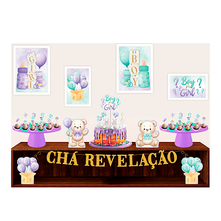 Kit festa Chá Revelação Decoração Completo EVA Verde lilás