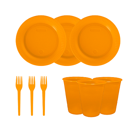 Kit Descartáveis Laranja festas 110peçs Pratos Copos Garfos