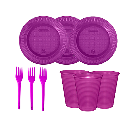 Kit Descartáveis Roxo festas 110peçs Pratos Copos Garfos