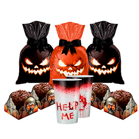 Kit Festa Halloween Decoração Copos Sacolas Forminhas 66PÇS
