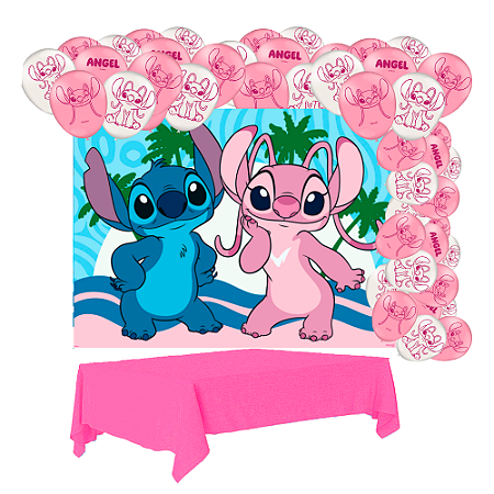 Kit festa Stitch Rosa Decoração Toalha + Painel + 25 Balões
