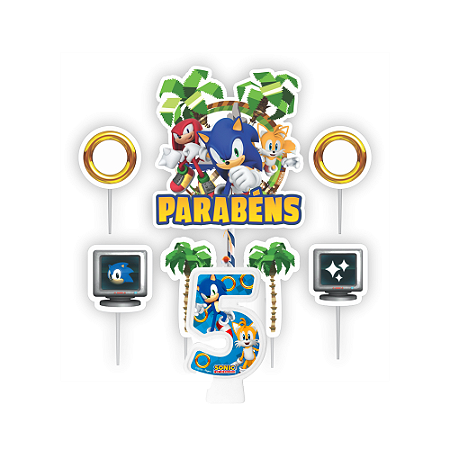 Kit festa Sonic Decoração Topo De bolo + Vela 5 Anos Aniver