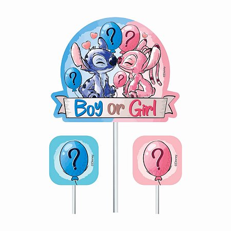 Topo de Bolo Festa Stitch Chá Revelação Decoração 13x22cm