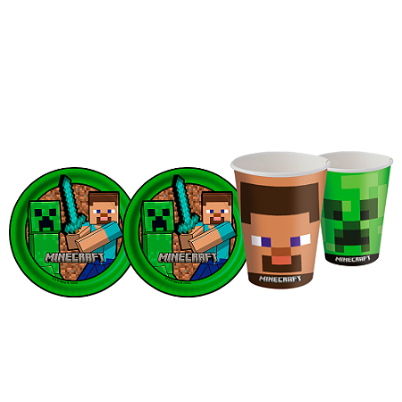 Kit festa Minecraft Decoração Aniversário Copos+Pratos 16pçs
