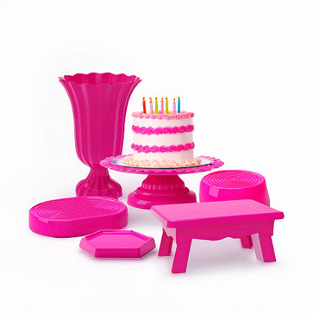 Kit Festa Decoração Rosa Bandejas +Boleiras +Mesa +Vaso cor
