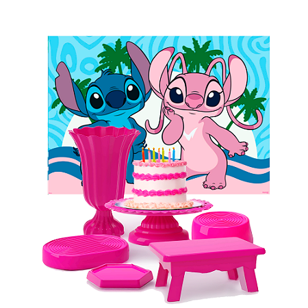 Kit Festa Decoração Stitch Rosa Bandejas+Boleiras+Mesa +Vaso