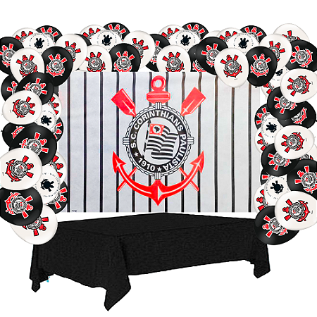 Kit Festa Corinthians Decoração Toalha Preta+ Baloes+ painel