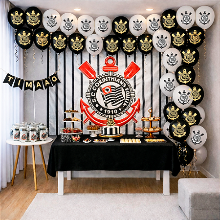 Kit Festa Corinthians Decoração Toalha Preta+ Baloes+ painel