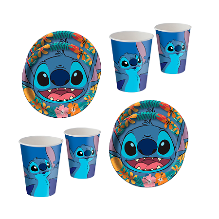 Kit Festa Stitch Decoração Descartáveis Pratos + Copos 16uni