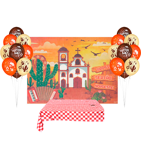 Kit festa Junina Arraia Julina Painel + Toalha 1m+ 25 Balão