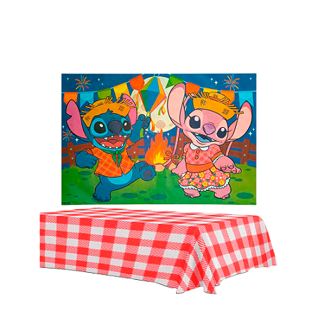 Kit festa Stitch Junina Decoração Julina Arrai Painel+Toalha