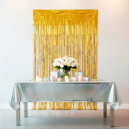 Kit Festa Metalizada Decoração Cortina Dourada +Toalha Prata