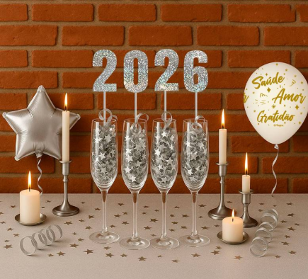 Decoração Numeral Holográfica Cor Prata Ano Novo 2026 8cm