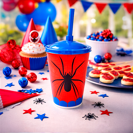 Copo Plástico Tampa e Canudo Aranha festa 400ml decoração