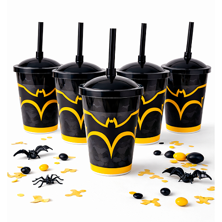 5 Copo Plástico Tampa e Canudo Morcego festa 400ml decoração