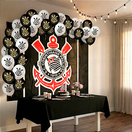 Kit festa Corinthians Anive Toalha Preta +20 balões +Painel