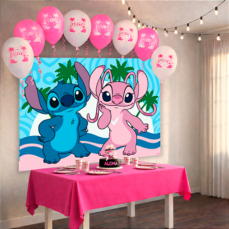 Kit festa Stitch Rosa Decoração Aniver Painel +Balão +Toalha