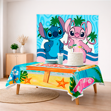 Kit festa Stitch Rosa Decoração Aniver Painel +Toalha Aloha