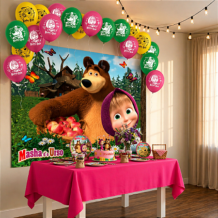 Kit Festa Masha e o Urso Decora Toalha Rosa +Balões +Painel