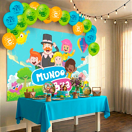 Kit Festa Mundo Bita Decoração Toalha azul+ Balões + Painel