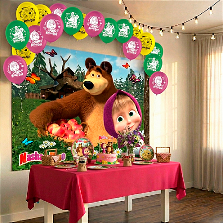 Kit Festa Masha e o Urso Decoração aniv Toalha+Balões+Painel