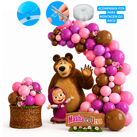 Kit Festa combina Masha e o Urso Decoração Arco 150 Balões