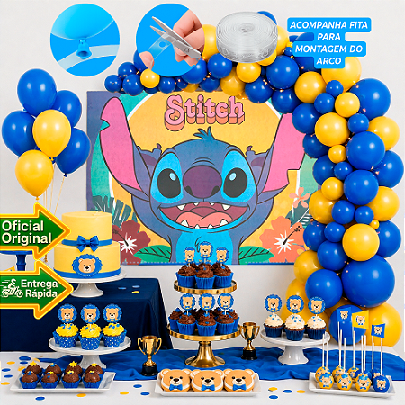 Kit Festa Stitch Decoração Aniversári azul Painel+100 Balões