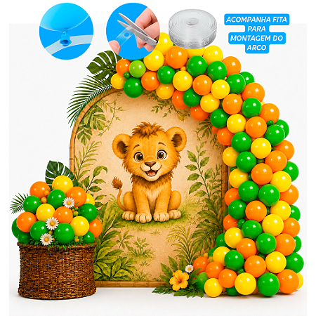 Kit Festa Rei Leão Safari Arco 150 Balões Selva Amarela Luxo
