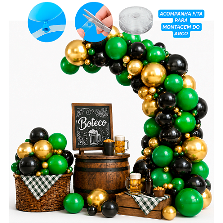 Kit Balões Boteco Dourado Verde Festa Aniversário 125 Un