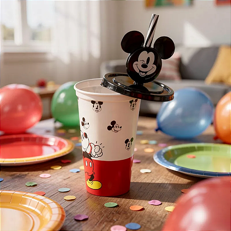 Copo Refri Com Canudo e Pin Decoração Mickey Disney 500ML