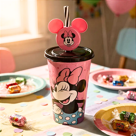 Copo Refri Com Canudo e Pin Decoração Minnie Rosa Disney