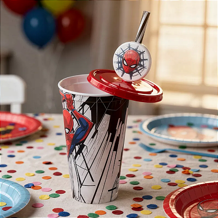 Copo Refri Com Canudo e Pin Decoração Homem Aranha Disney