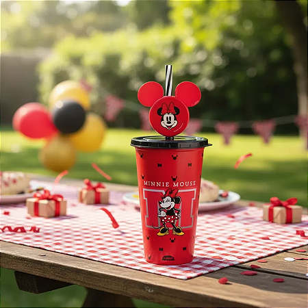 Copo Refri Com Canudo e Pin Decoração Minnie Vermelha Disney