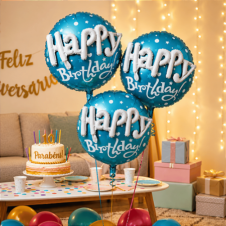 Balão Metalizado Redondo Decoração Happy Birthday Azul 58cm
