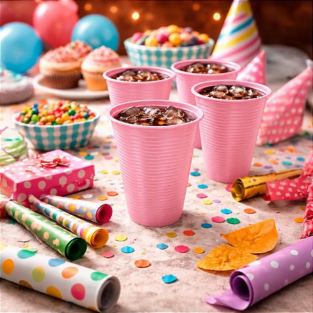 50 Copos Descartáveis Rosa Claro 200ml Festa aniversário