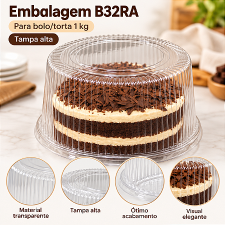 Embalagem B32RA Para Bolo Torta 1kg Tampa Alta Ranhurada18cm