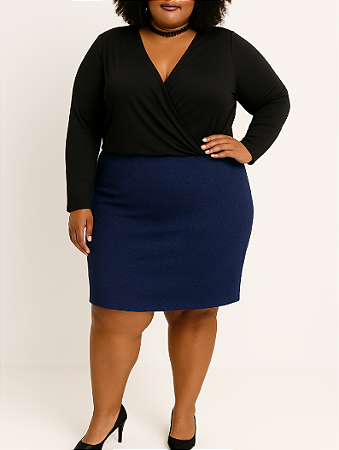 Vestido manga longa Preto com saia Azul