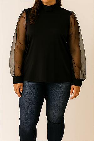 Blusa manga longa de tule preta