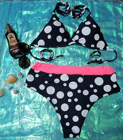 Biquíni frente única poá com faixa rosa